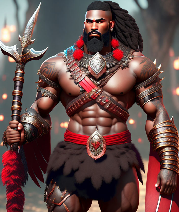 Muscular warrior with spear in traditional attire and tribal jewelry