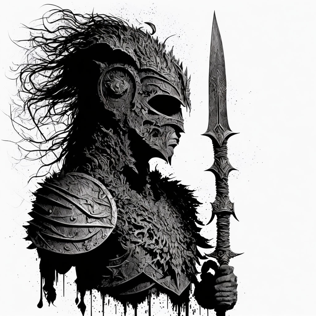 Monochromatic warrior illustration with wild mane, battle armor, shield, and ornate spear