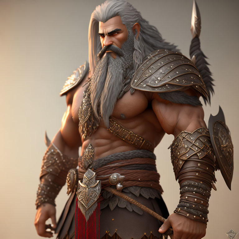 Fantasy warrior with gray beard, armored pauldrons, bracers, and red waistcloth in