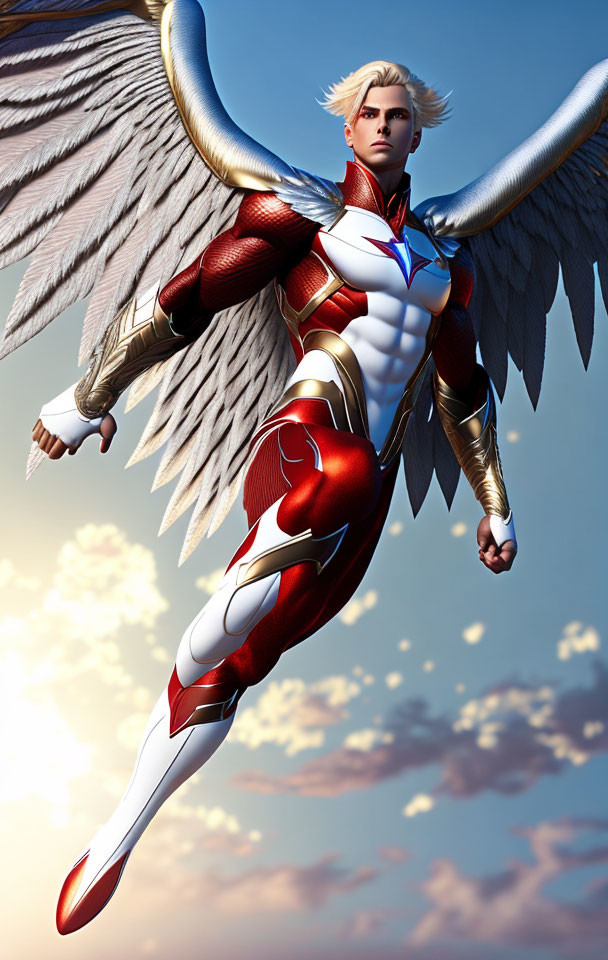 Heroic Figure with Angelic Wings in Red and White Suit Soaring in Sky