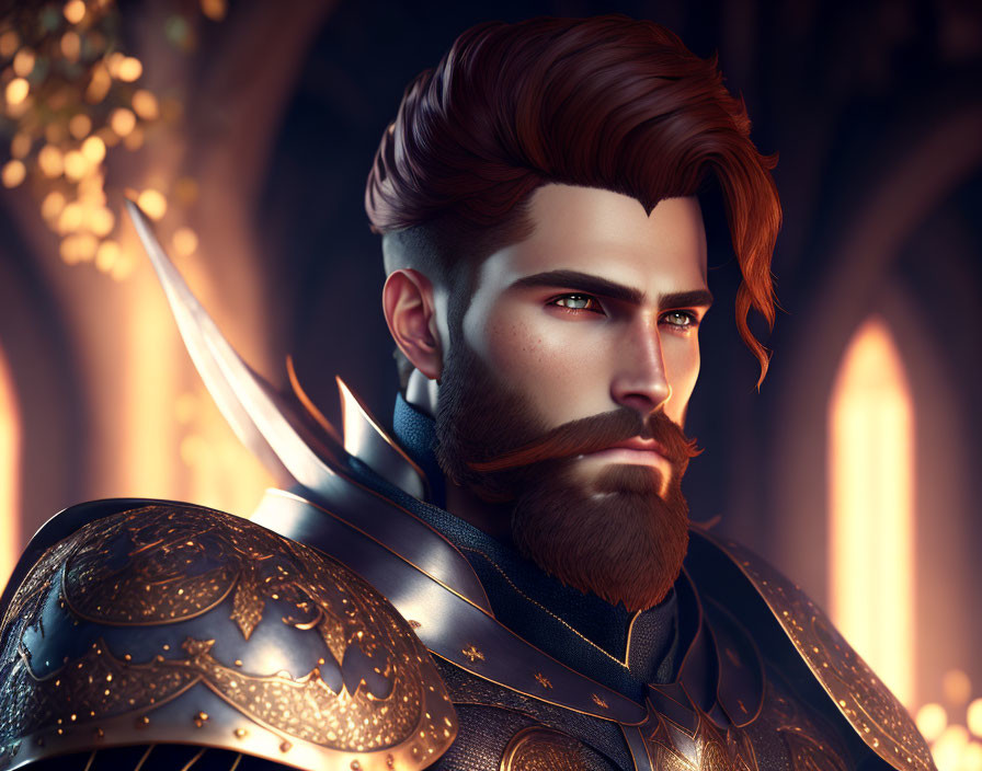 Fantasy character portrait in elegant armor and grand hall