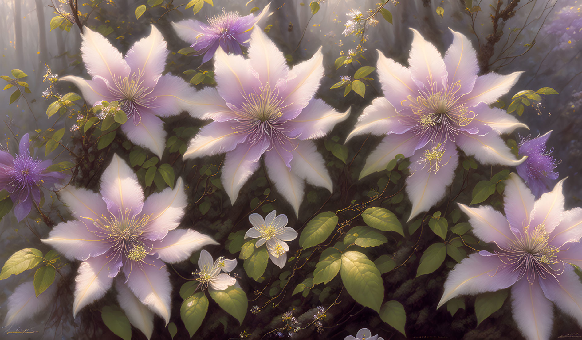 Lush Clematis Vine with White Flowers and Purple Tinge