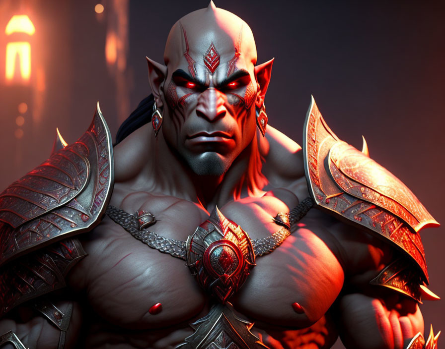 Muscular fantasy character with red skin and tribal markings in ornate armor