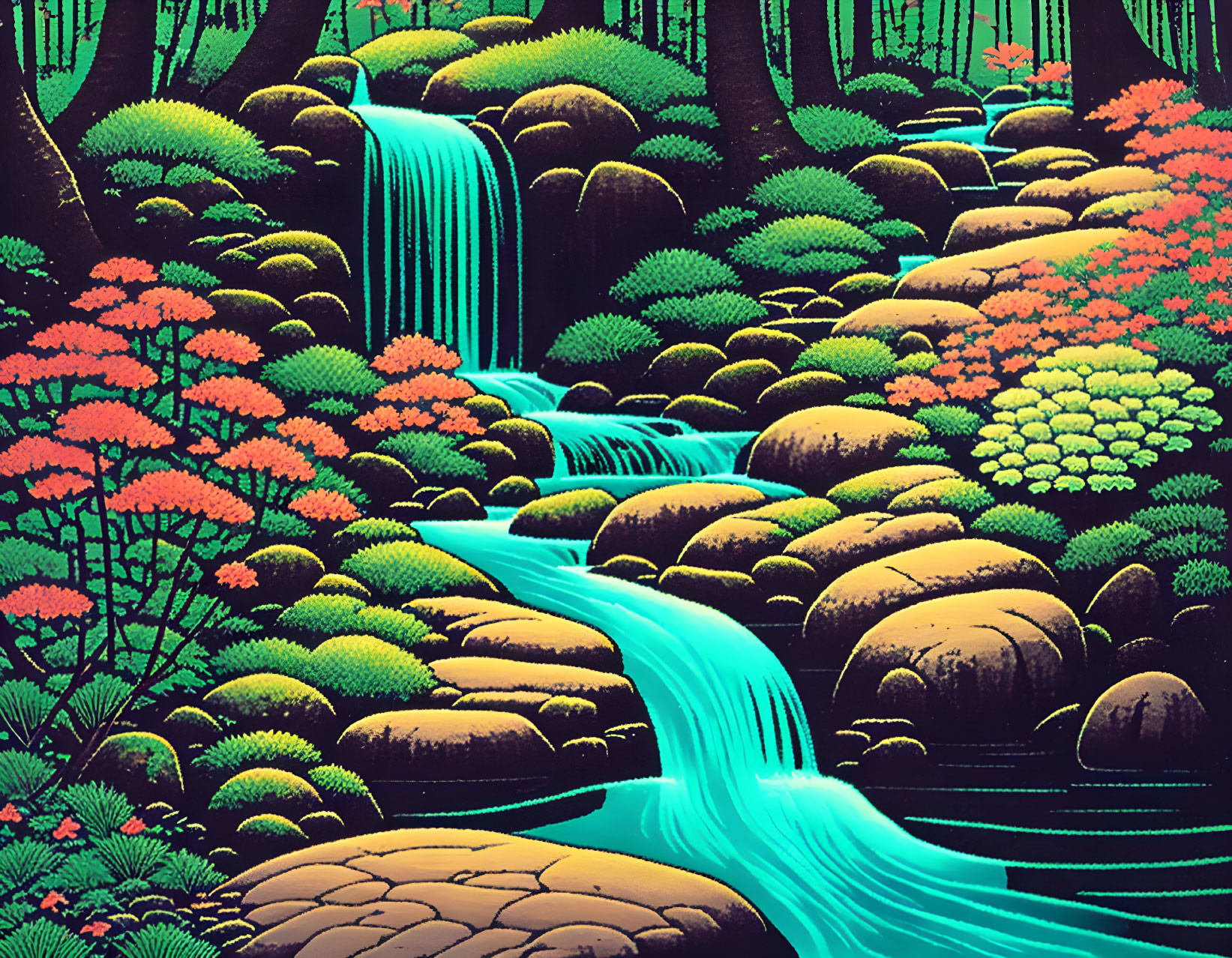 Lush forest illustration with cascading waterfall and colorful trees