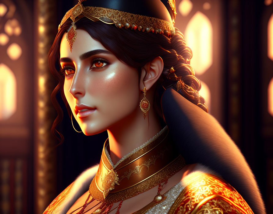 Elaborate gold jewelry on woman in digital portrait