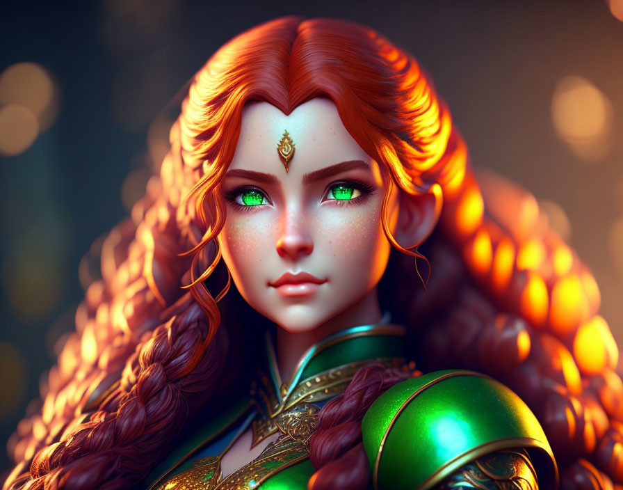 Vibrant red-haired woman in green and gold outfit with emerald eyes and freckles