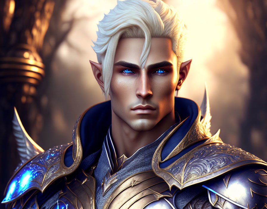 Fantasy male elf with white hair and blue eyes in ornate armor in mystical forest.