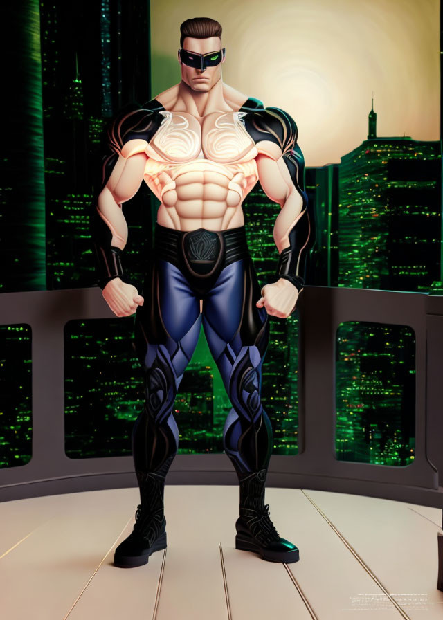 Muscular animated superhero in mask and glowing chest, cityscape backdrop at night