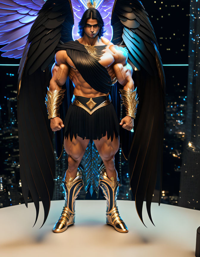 Muscular character in fantasy armor with black wings against cityscape.