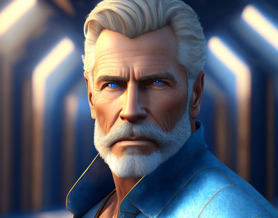 Blue-eyed animated male character with white facial hair in blue shirt.