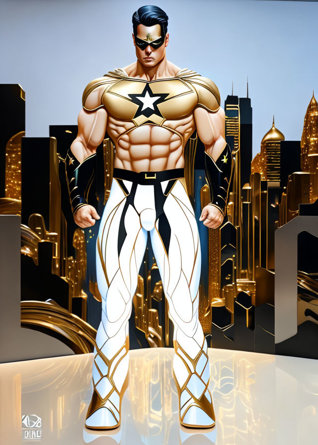 Muscular animated superhero in golden costume in futuristic cityscape