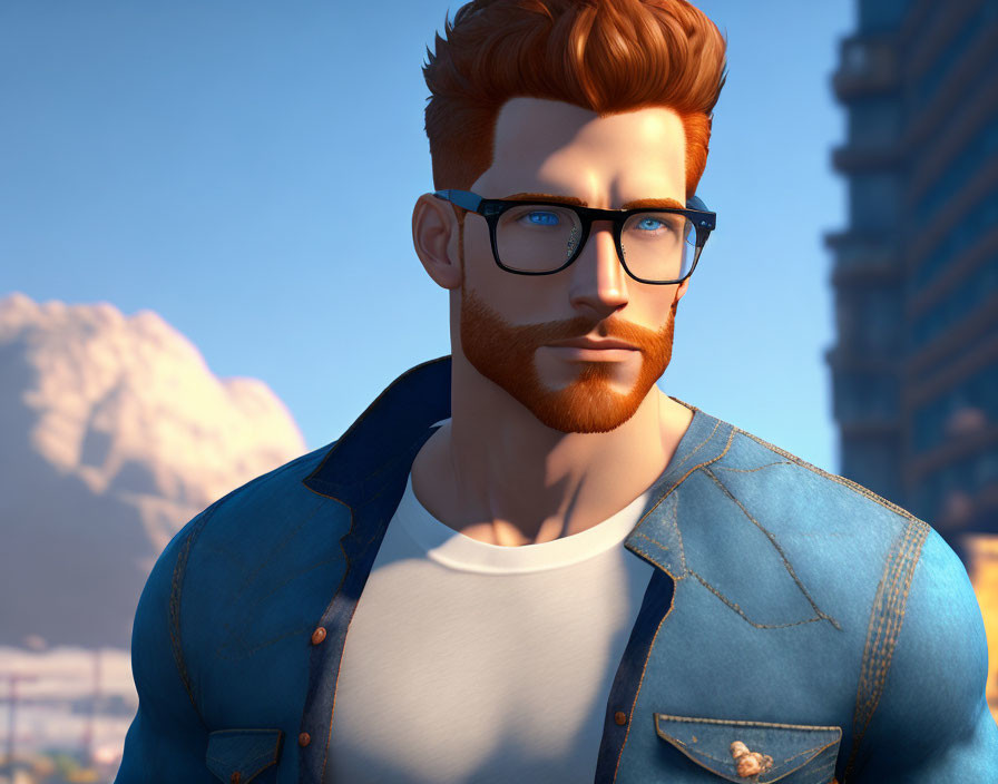 Male 3D animated character with beard and glasses in denim jacket and white shirt, cityscape background