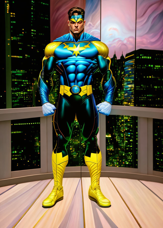 Muscular superhero in blue and gold costume on skyscraper balcony at dusk