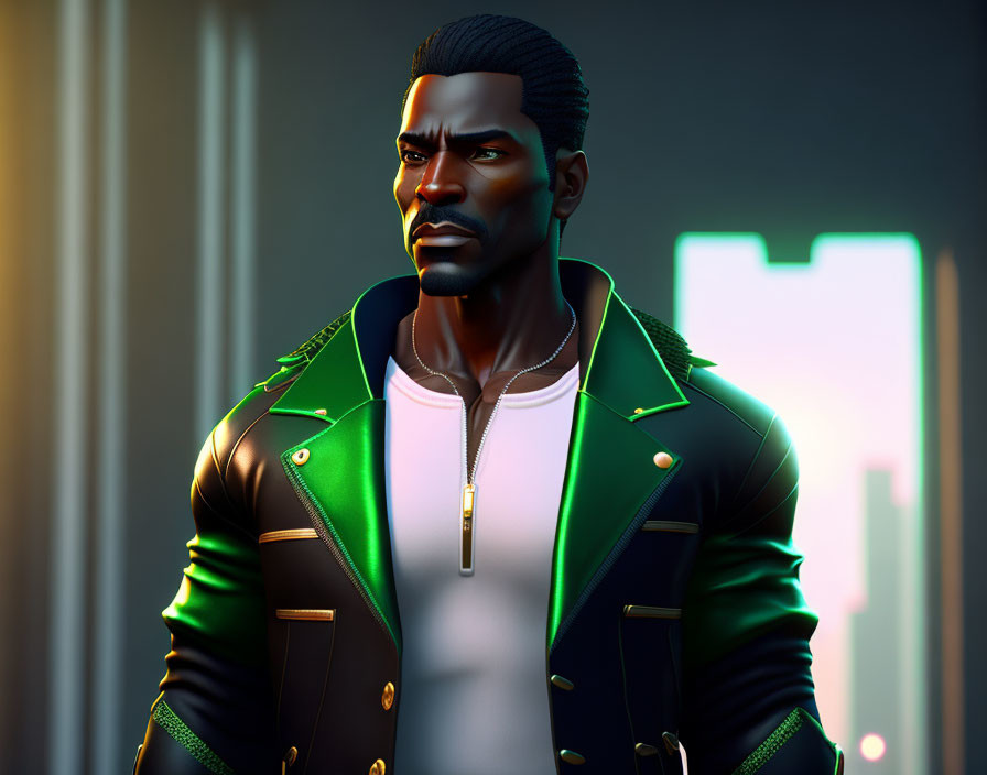 Stylized digital portrait of confident man in leather jacket