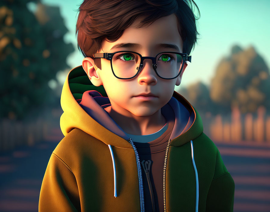 3D animated boy in yellow hoodie with glasses at park during sunrise/sunset