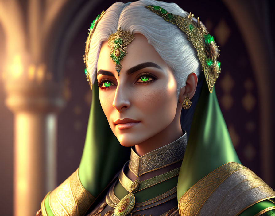 Regal woman with green eyes in gold head jewelry and green cloak against ornate arch.