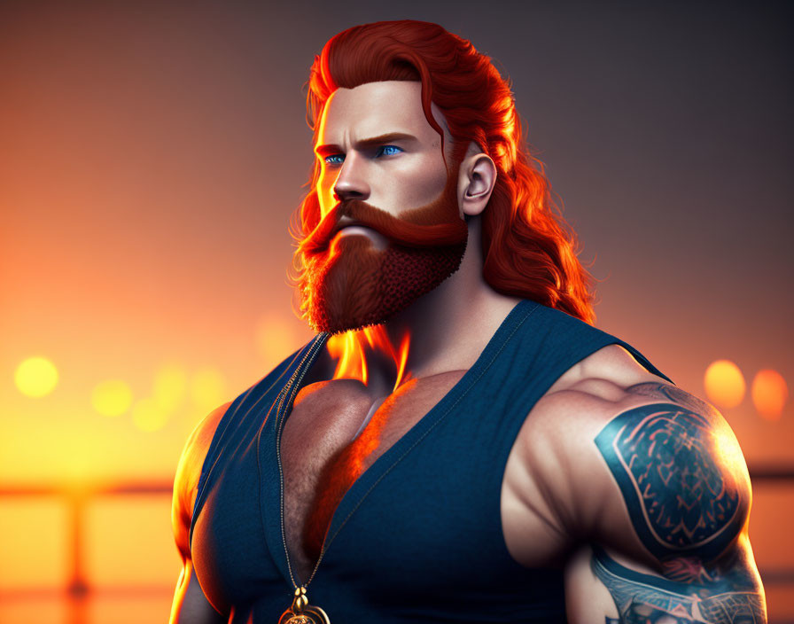 Muscular red-haired man with tattoos in tank top against sunset.