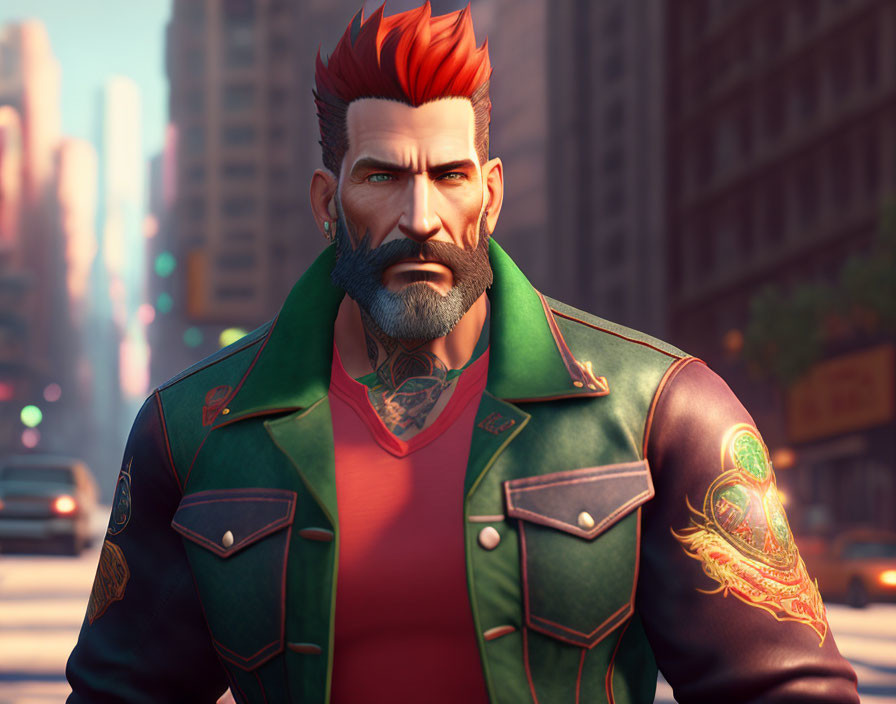 Vibrant 3D illustration of man with red mohawk and tattoos in urban scene