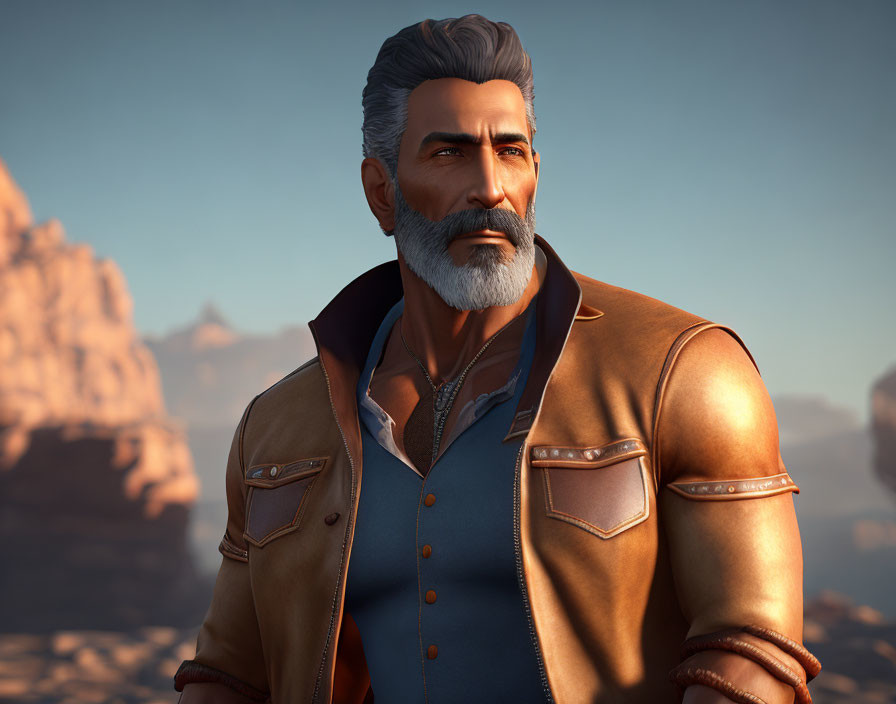 CG image of rugged man with grey beard in leather jacket against desert mountain.