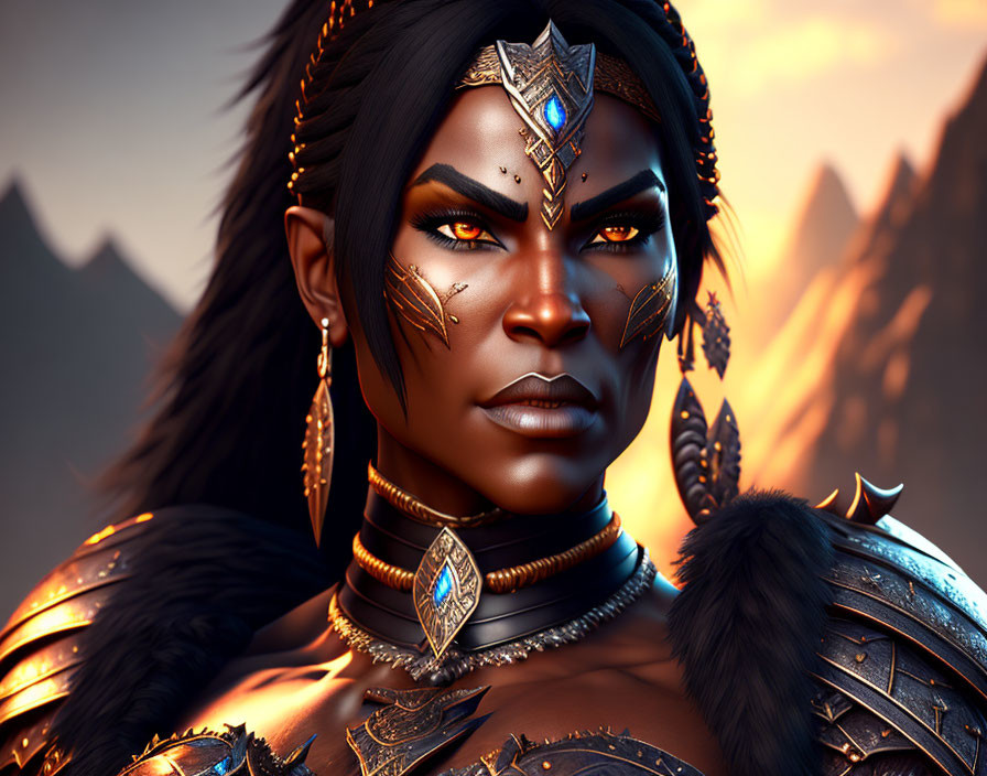 Detailed digital portrait of a fierce female warrior in tribal armor and gold jewelry against fiery mountains