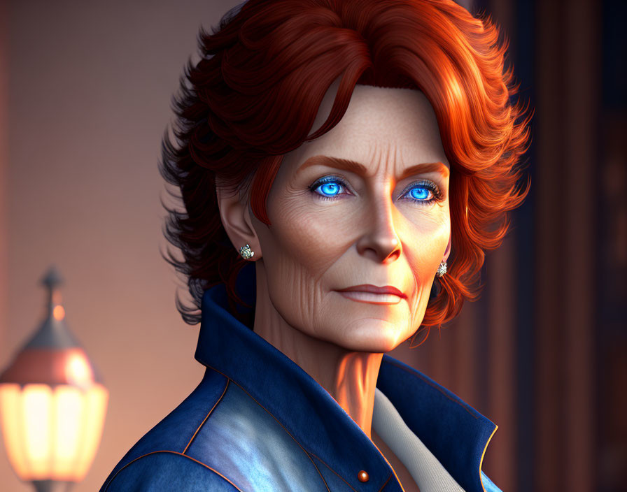 Portrait of mature woman with red hair and blue eyes in blue jacket