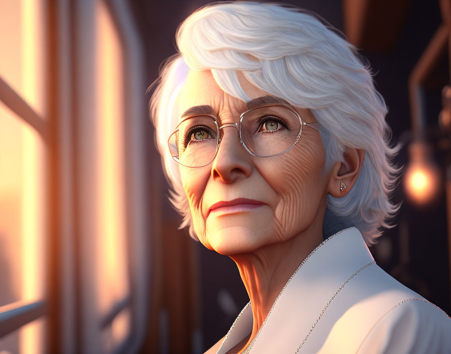 Elderly woman with white hair and glasses in pensive gaze