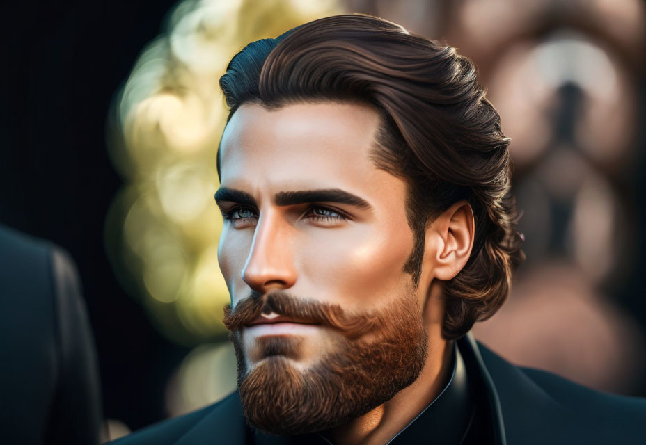 Stylized man with groomed beard and swept-back hair in formal setting