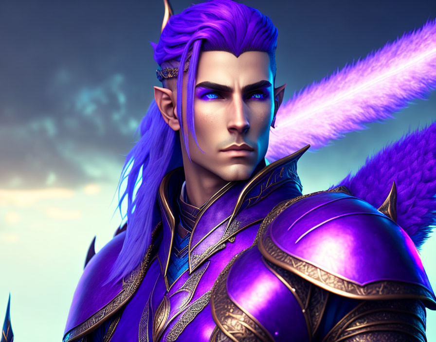 Male elf with purple armor and hair in 3D animation