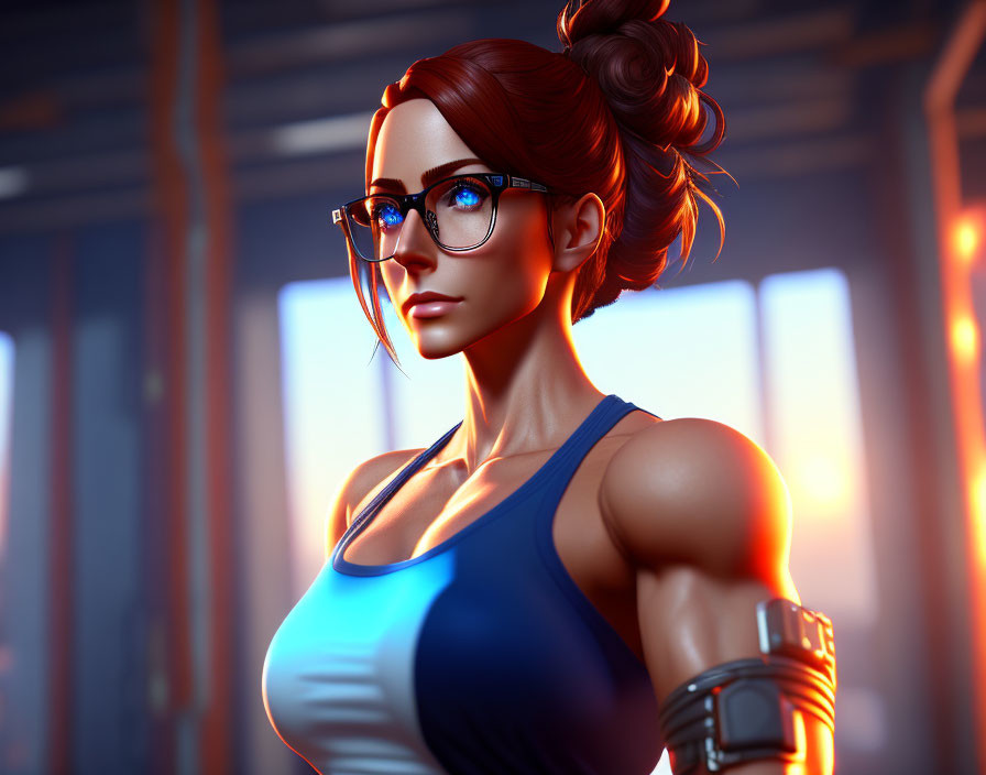 Stylized 3D illustration of woman in glasses and ponytail with toned arms, gym background