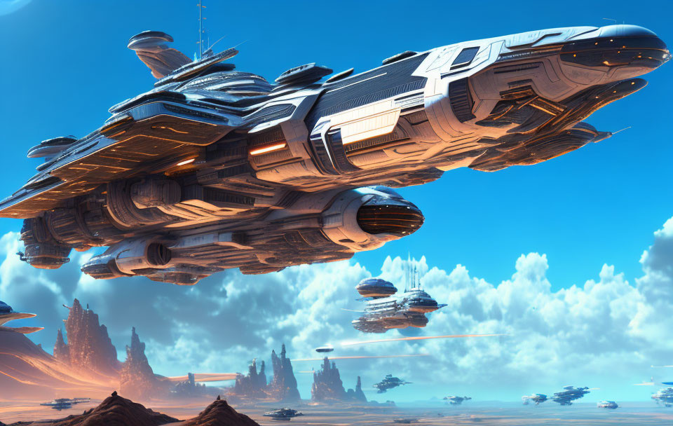 Futuristic spaceship over desert with smaller ships and structures