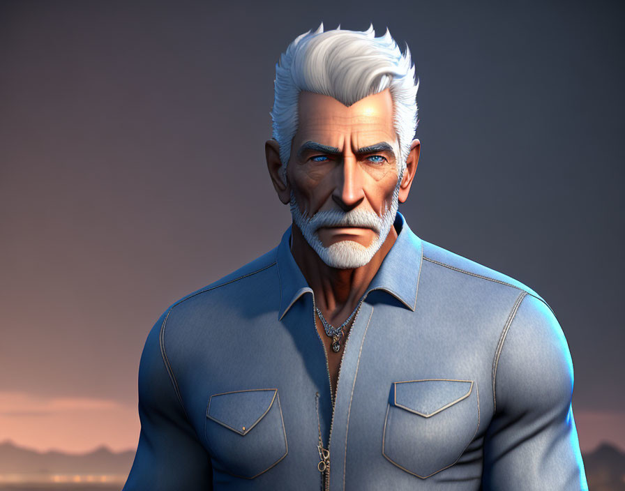 Stylized 3D Render: Older Male Character with White Hair and Beard in Blue Shirt on