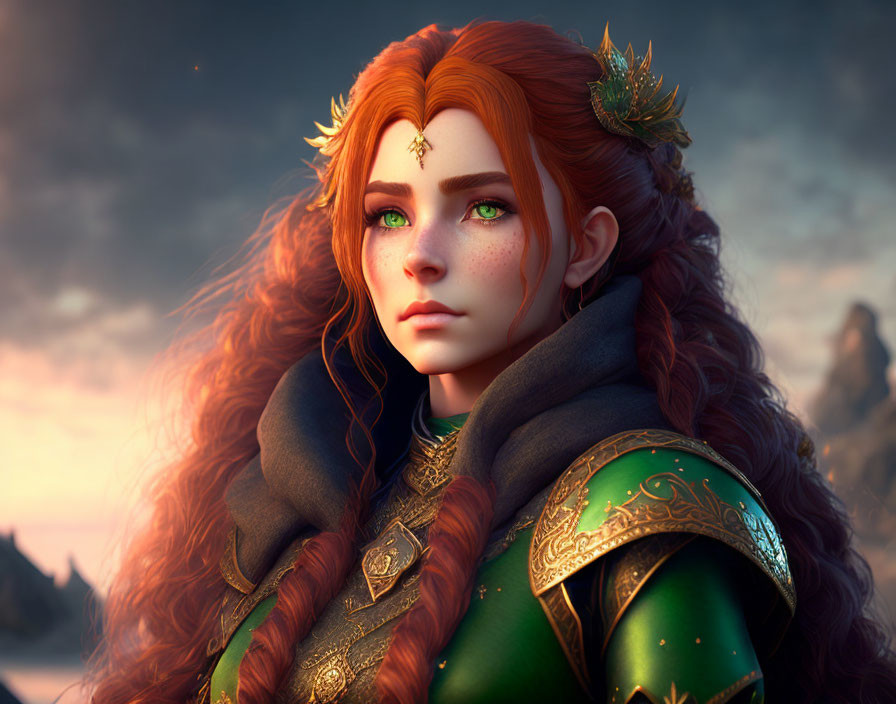 Digital artwork: Woman with fiery red hair, golden tiara, green-and-gold armor, sunset