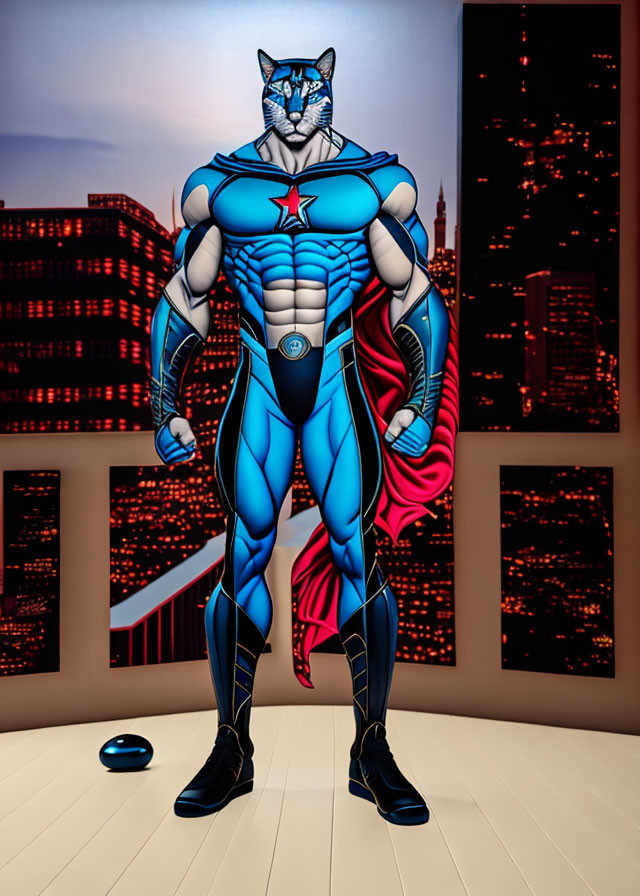 Muscular superhero with cat-head mask in blue and black suit at night.