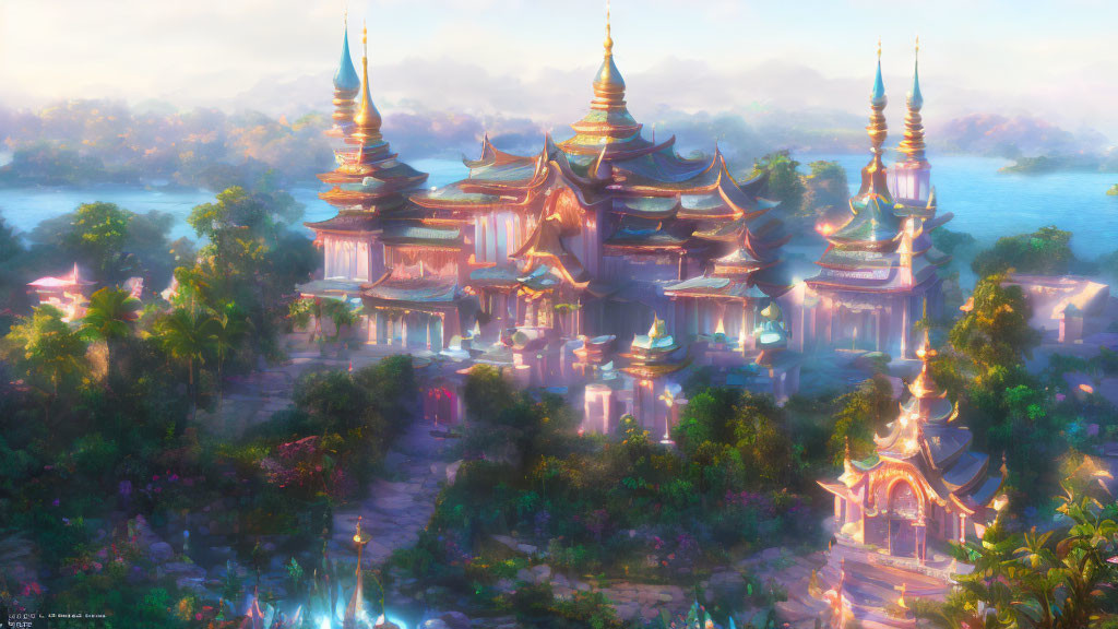 Elaborate multi-tiered temple in mystical sunlit scene