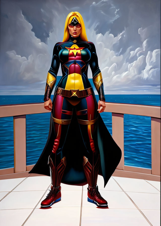 Female superhero in colorful costume with star emblem on balcony overlooking sea