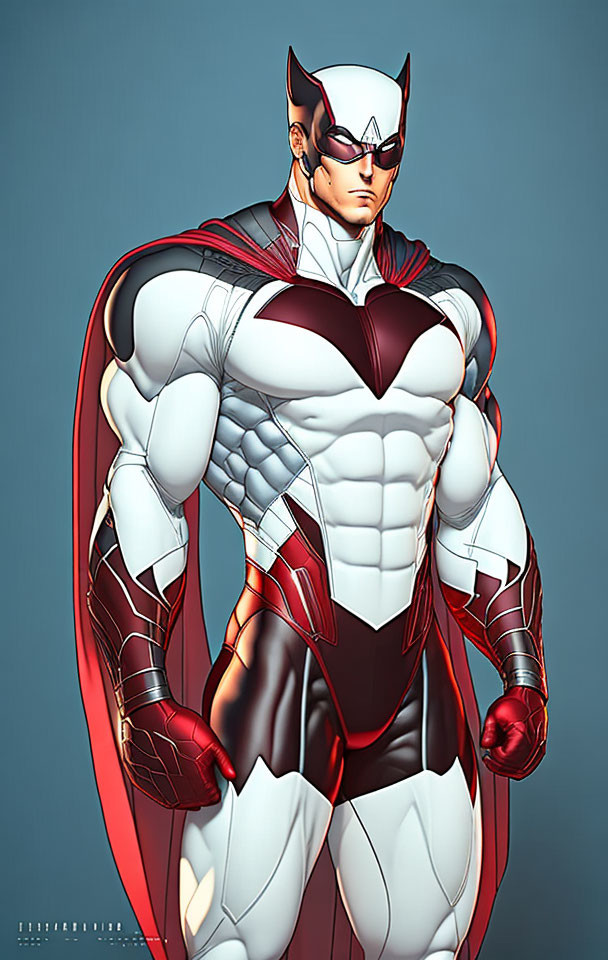 Muscular superhero in white and red suit with cape and cowl.