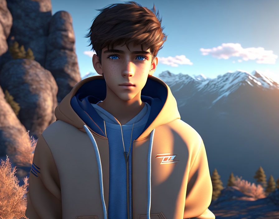 Young male with blue eyes and brown hair in hoodie against sunset mountains.