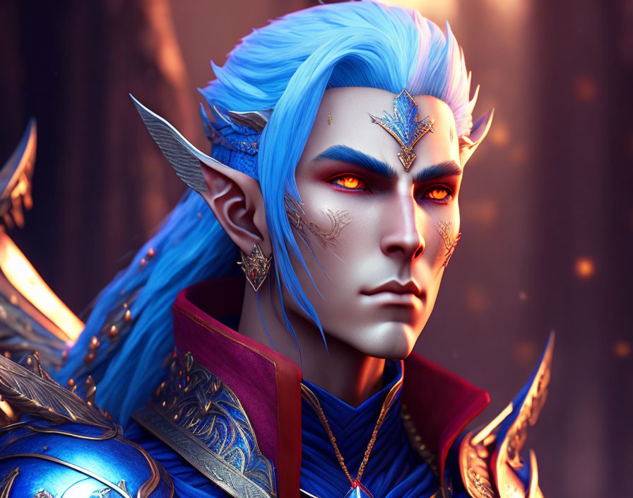 Male character with blue hair, pointy ears, red eyes, gold facial markings, and elaborate armor