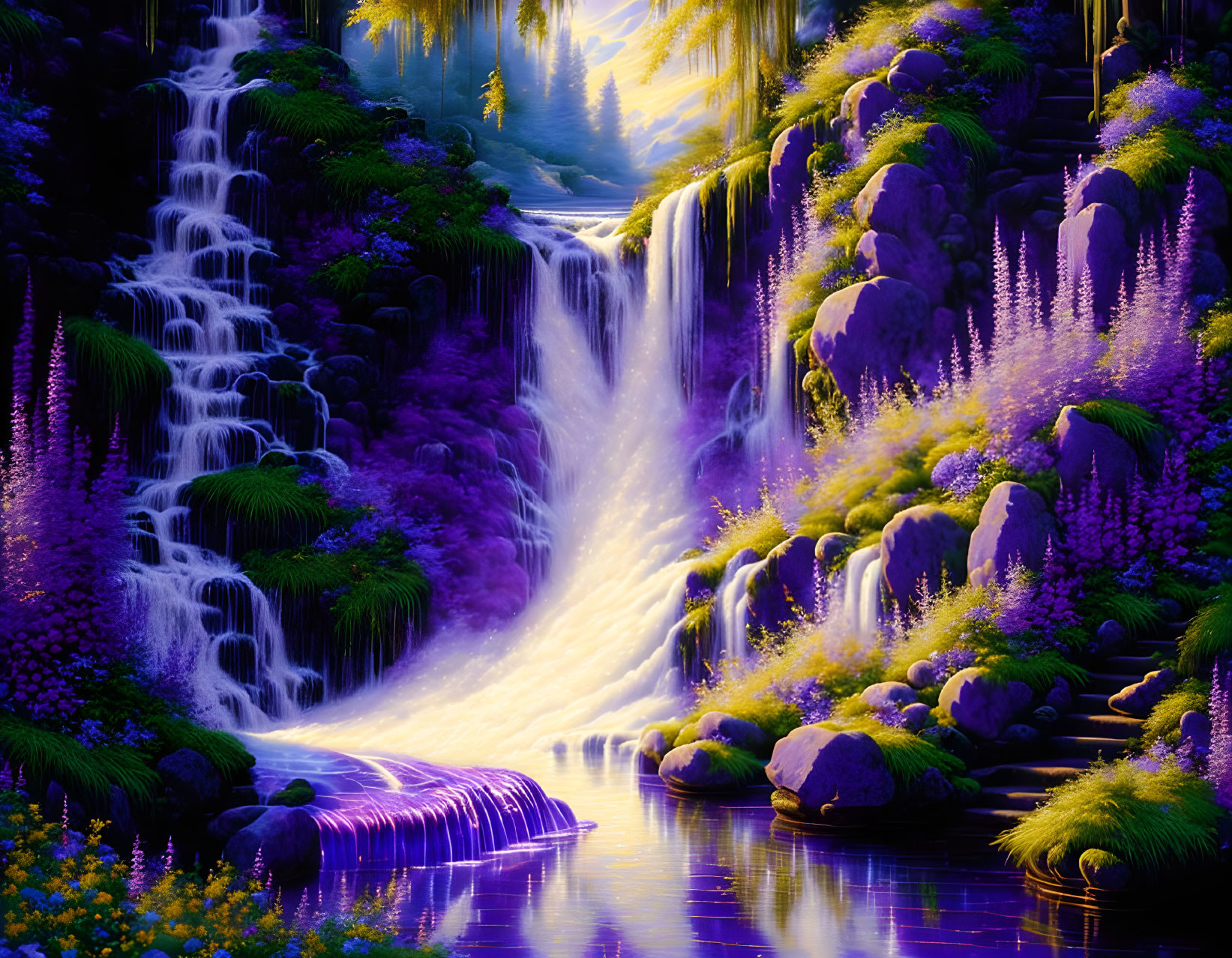 Mystical waterfall with purple flora under golden sun