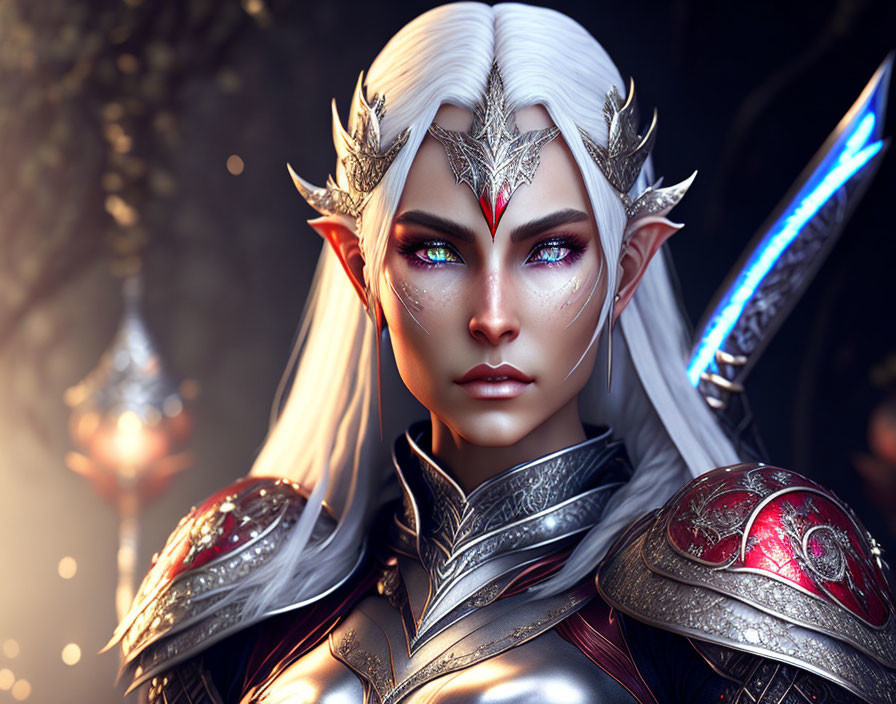 Elven warrior with white hair, blue sword, and intricate armor