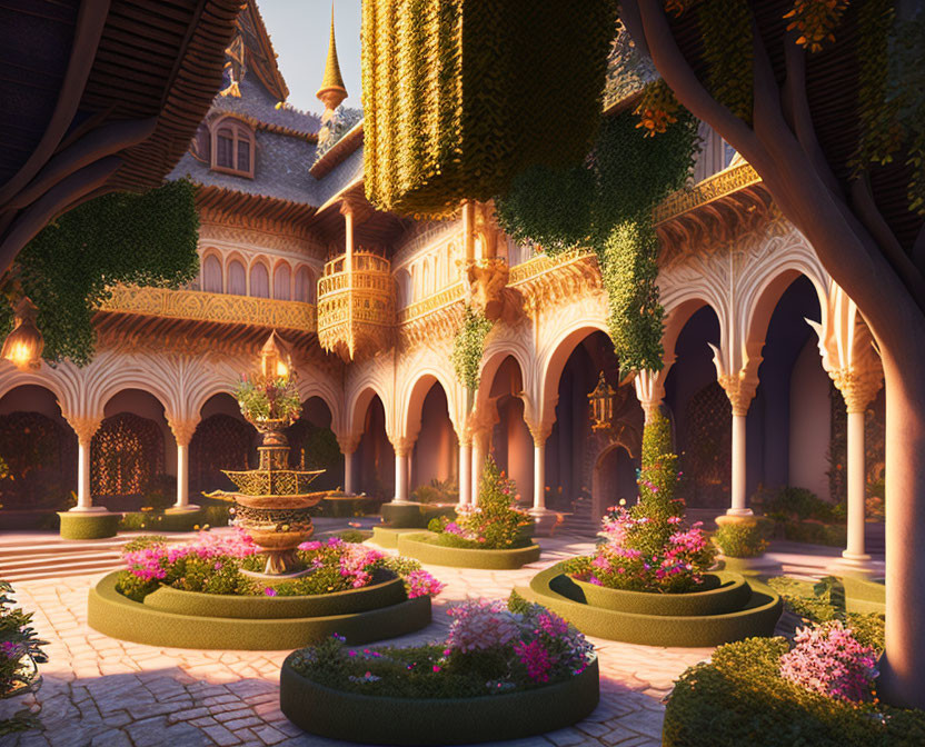 Ornate arches, fountain, gardens, and flowers in a twilight courtyard