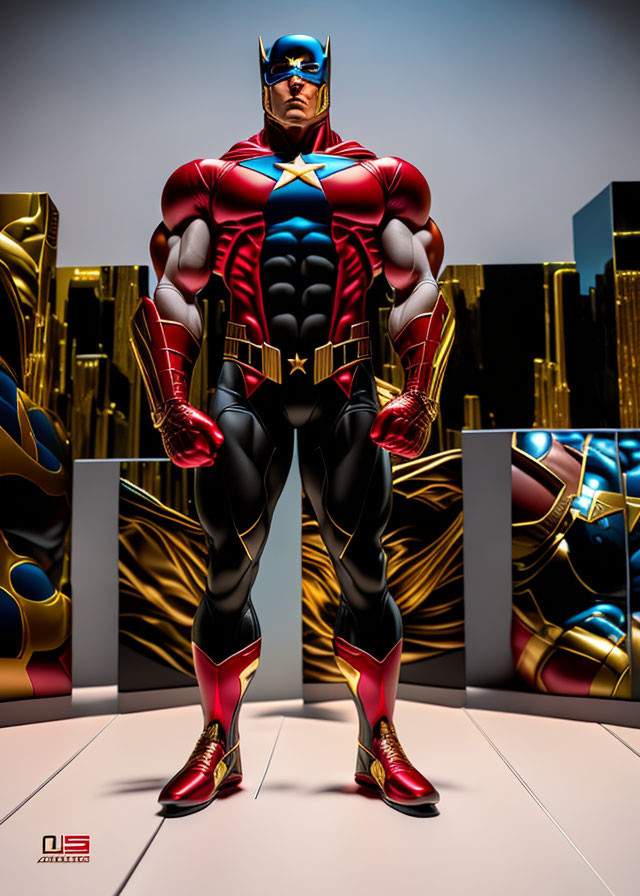 Muscular superhero in red, black, and gold costume against cityscape.