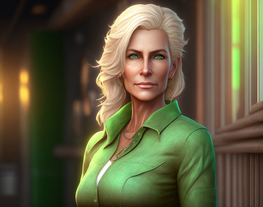 Blonde Woman in Green Shirt: Confident Pose & Warm Lighting