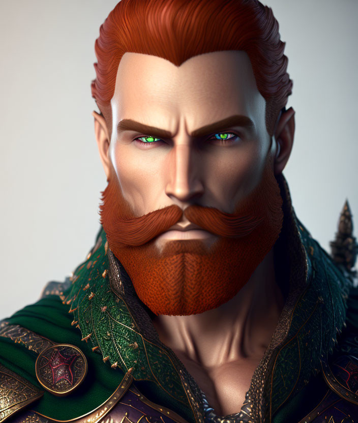 Male character with vibrant green eyes and red beard in ceremonial green and gold outfit