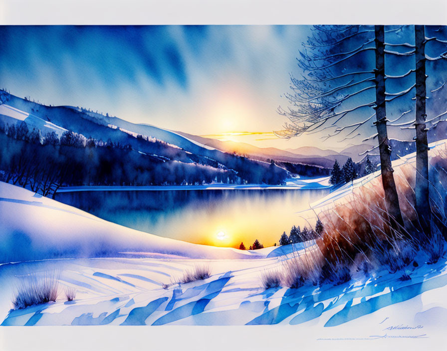 Snowy Sunset Watercolor: Serene Landscape with Trees, Lake, and Hills