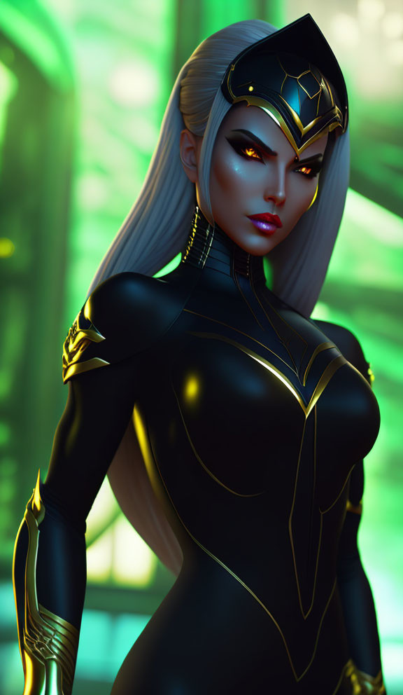 Stylized female character in black and gold bodysuit on green-lit background