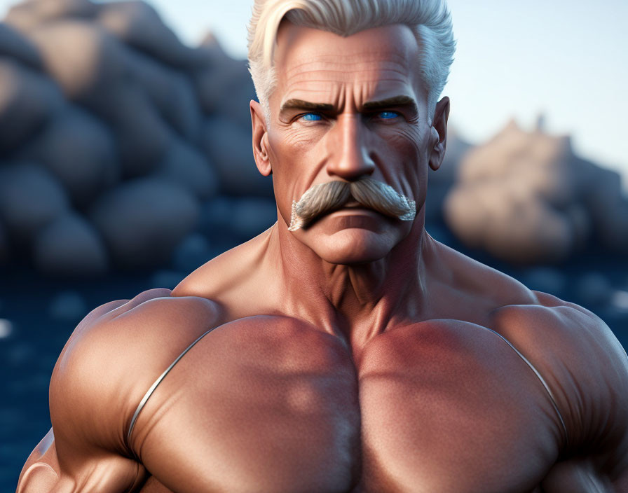 Muscular man with white mustache and hair in stern expression against rocky backdrop