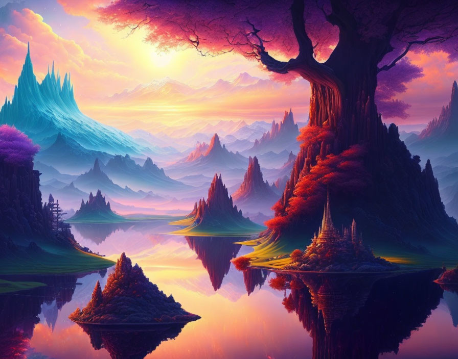 Colorful Fantasy Landscape: Purple Foliage, Reflective Waters, Colorful Sunset