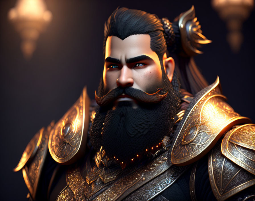 Animated warrior in golden armor with black beard on dark backdrop