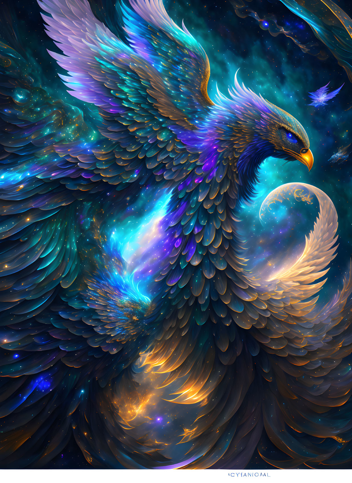 Cosmic eagle with blue and golden feathers in starry night